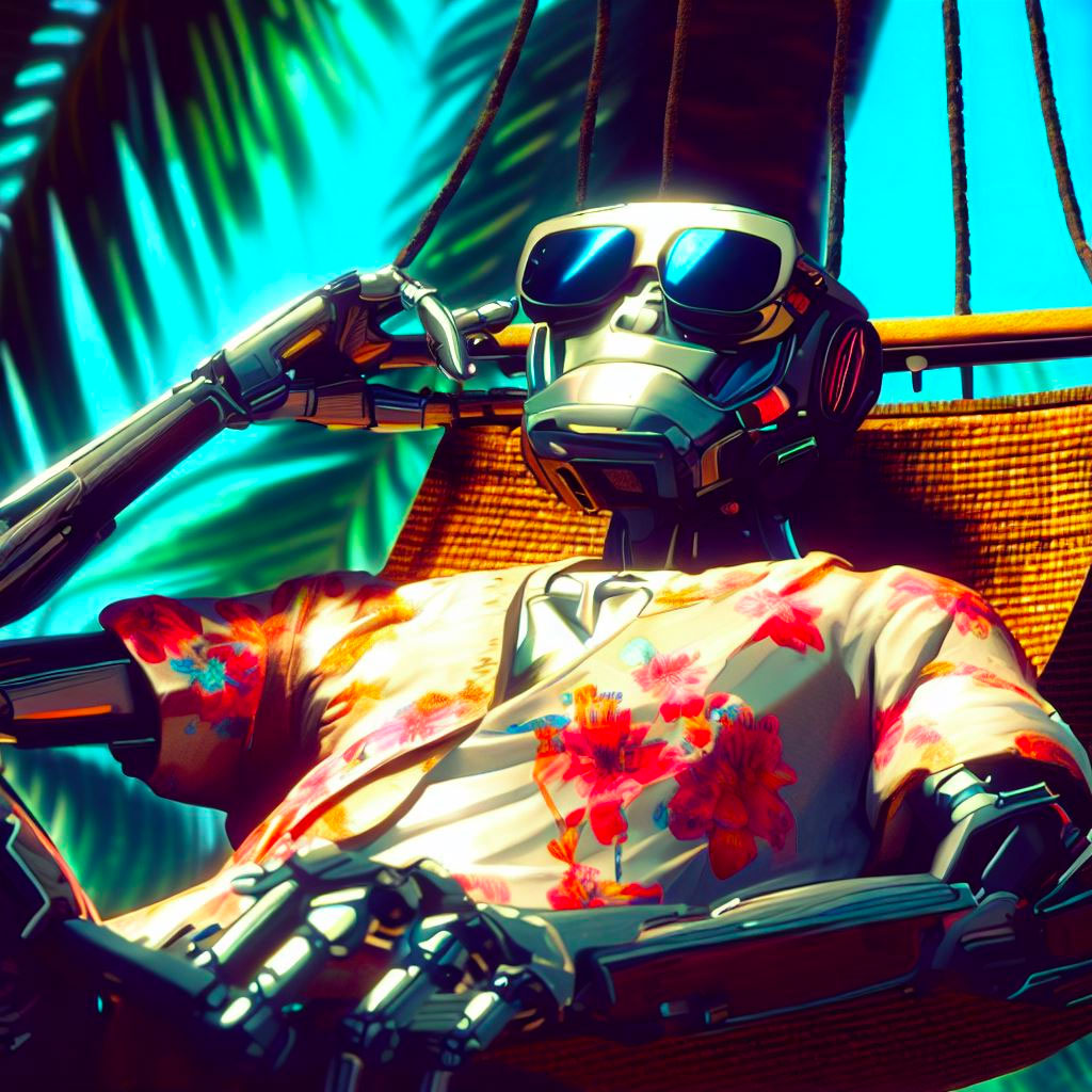 A robot lounging in the shade